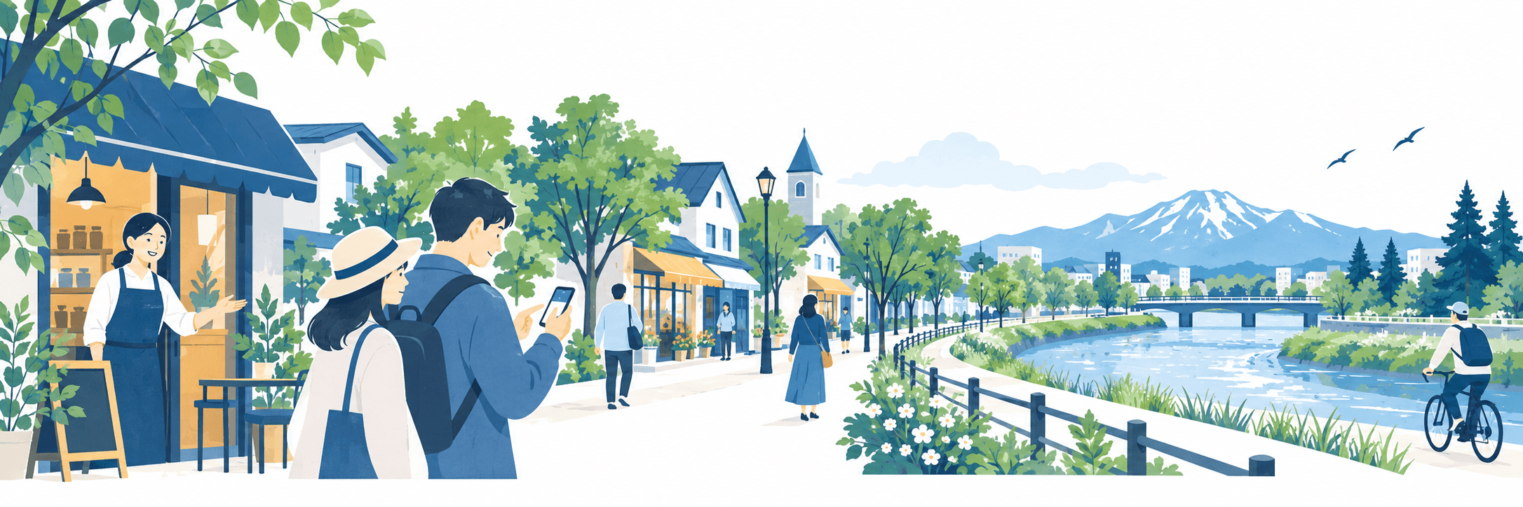 街の情報を手に、お店や川沿いを巡る人々のイラスト