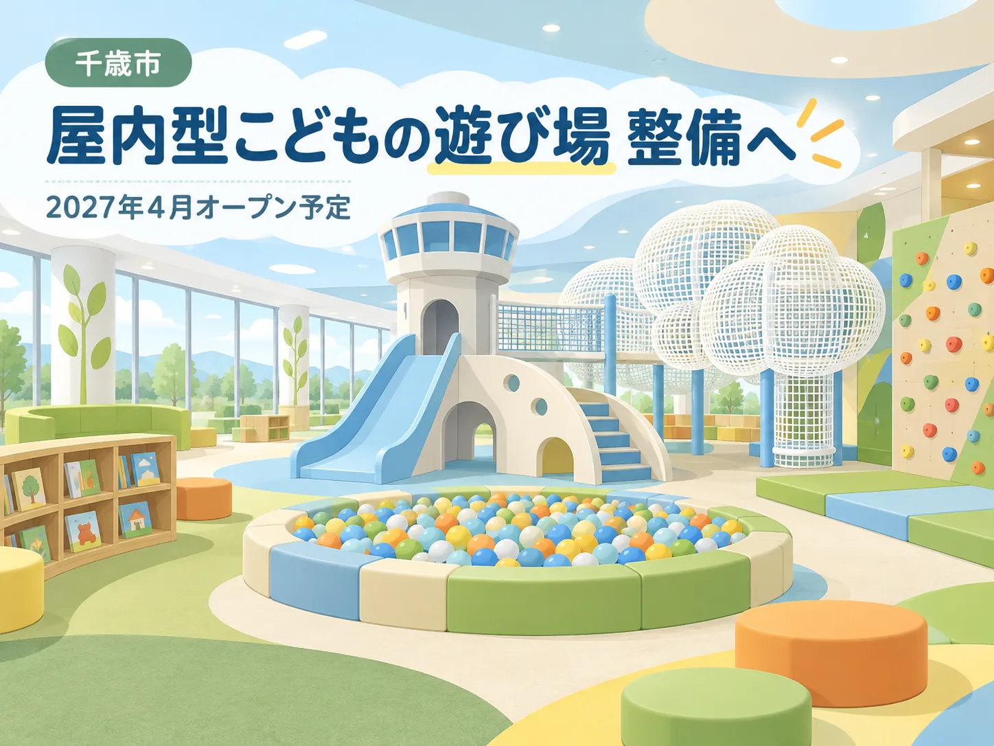 管制塔をイメージした滑り台や雲形のネット遊具、ボールプール、ボルダリング壁、絵本棚が並ぶ無人の屋内型こどもの遊び場のイラスト。