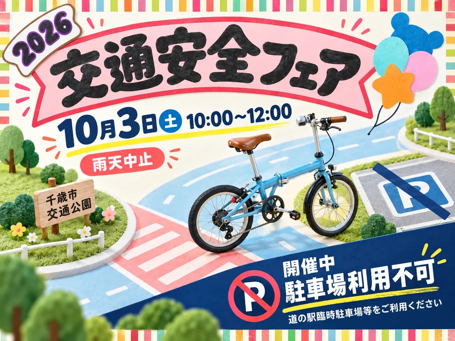 千歳市交通公園で開催の2026交通安全フェアを伝えるヒーロー画像。開催日時と駐車場利用不可の注意を示す。