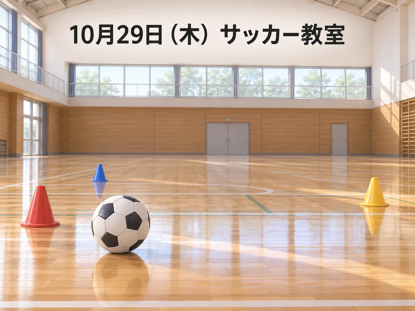 誰もいない屋内体育館の床にサッカーボールとカラーコーンを置き、上部に「10月29日(木)サッカー教室」と記したイラスト