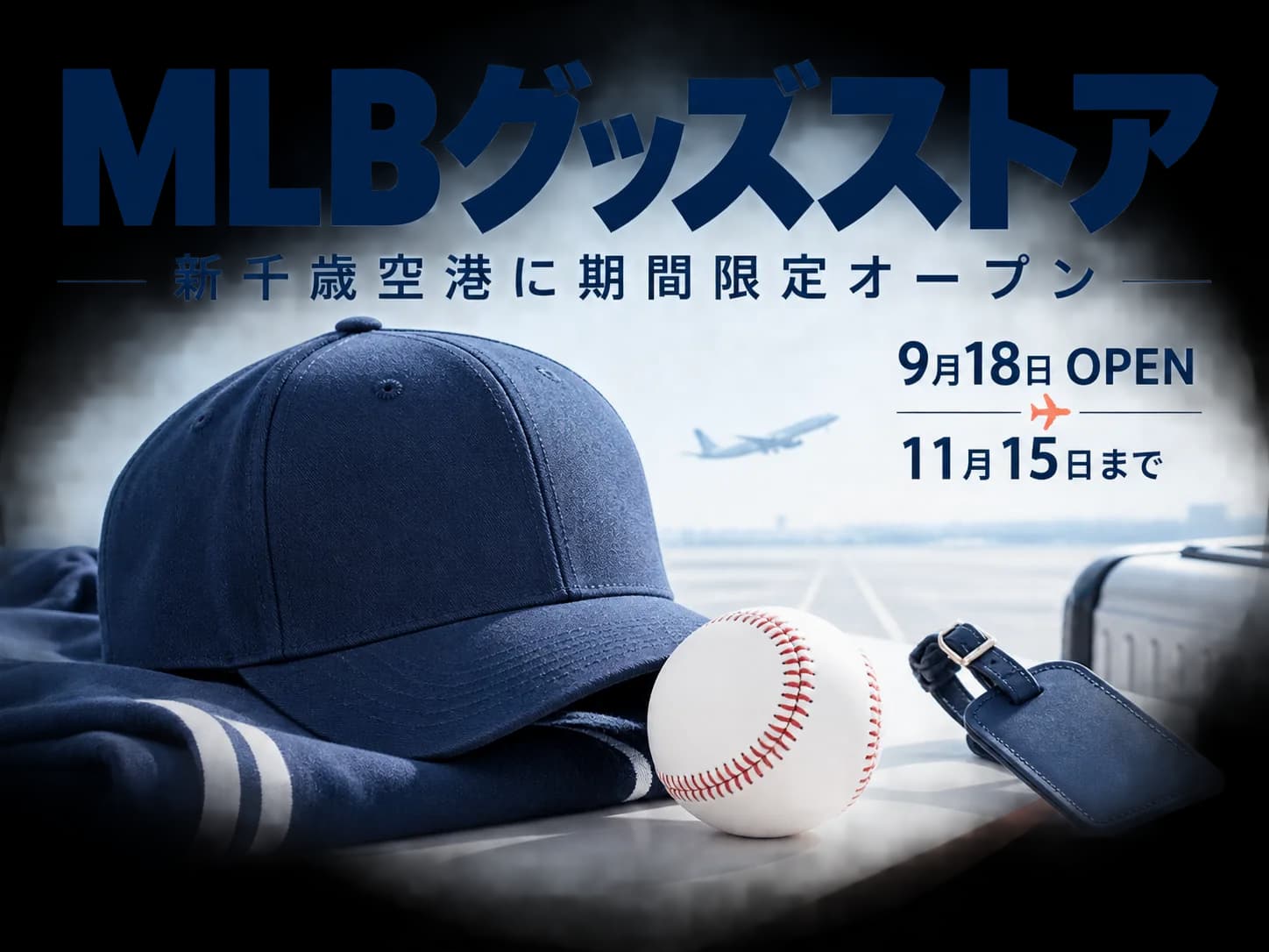 新千歳空港の期間限定MLBグッズストア。9月18日オープン、11月15日まで。野球キャップやユニフォームなど公式グッズを象徴したエディトリアル・キービジュアル
