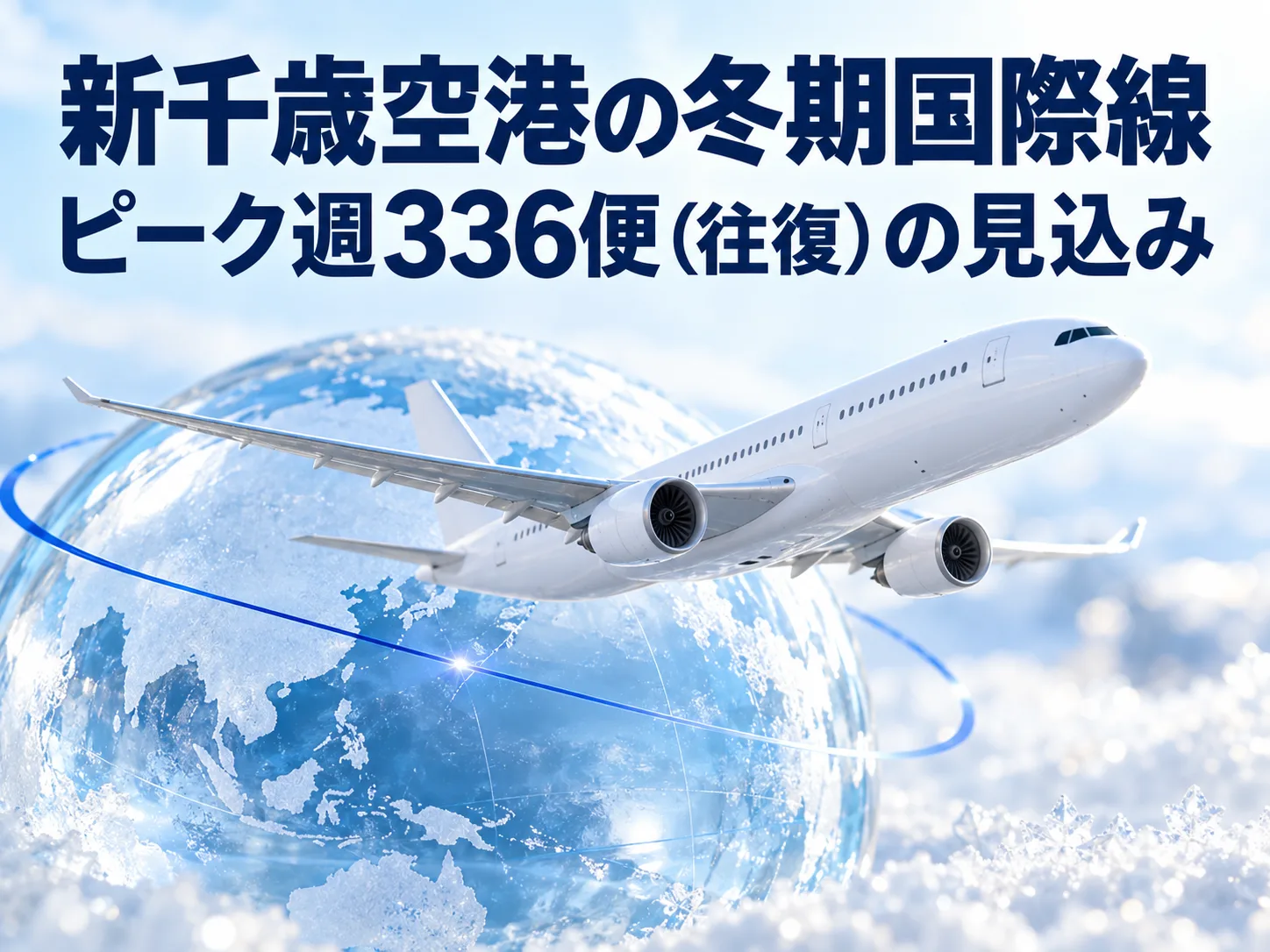 雪景色と氷のような地球儀を背に飛ぶ白い旅客機。新千歳空港の冬期国際線が過去最大となる見込みを表したイメージ