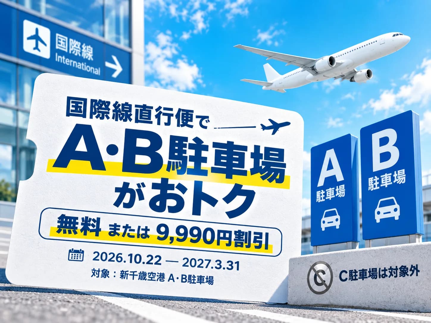 新千歳空港AB駐車場の国際線直行便利用者向け割引キャンペーンのキービジュアル