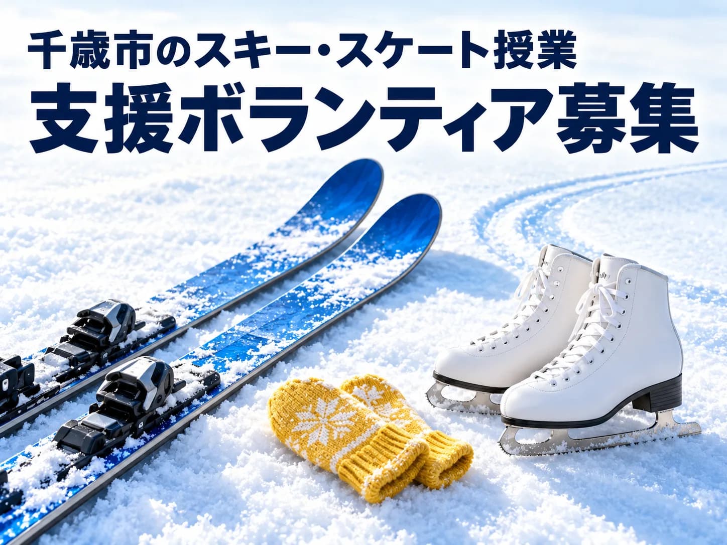雪の上に青いスキー板、白いスケート靴、黄色いミトンを並べた絵。上部に千歳市のスキー・スケート授業支援ボランティア募集の文字
