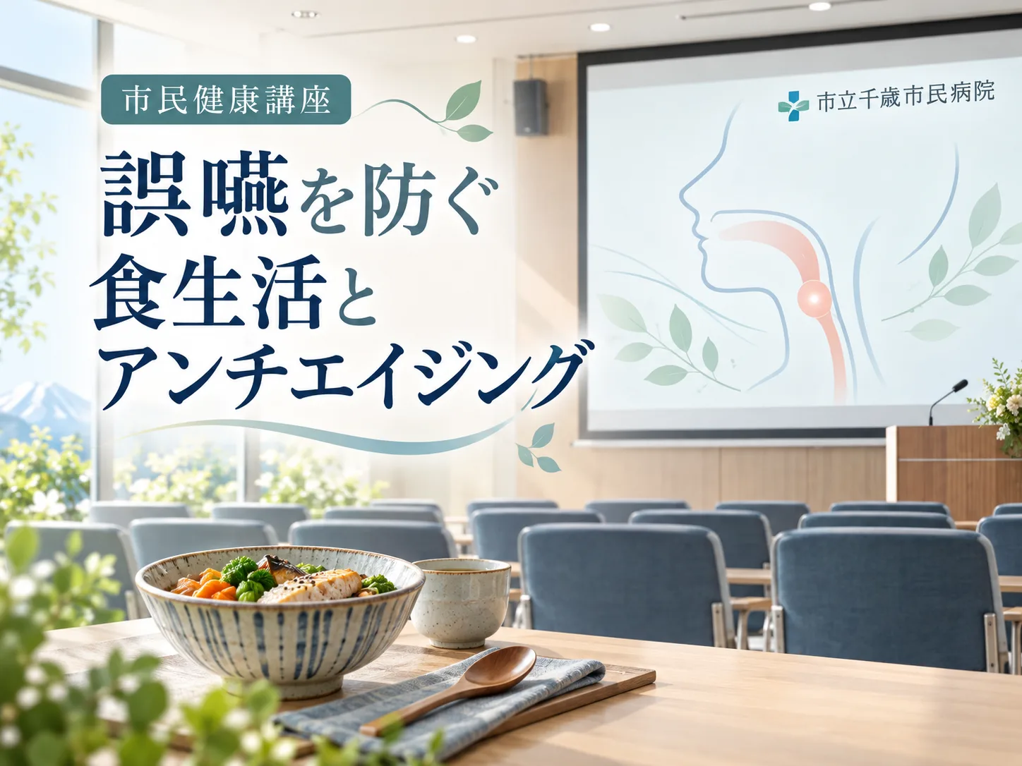 市民健康講座(誤嚥を防ぐ食生活とアンチエイジング)を伝えるヒーロー画像