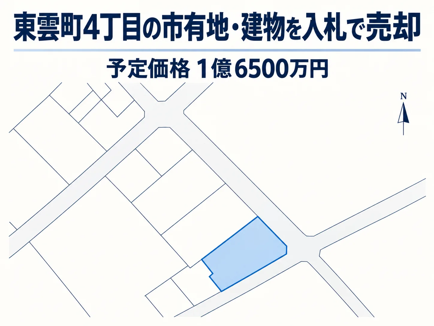 東雲町4丁目の売却予定地を青で示した区画図に「東雲町4丁目の市有地・建物を入札で売却」「予定価格 1億6500万円」と記した画像