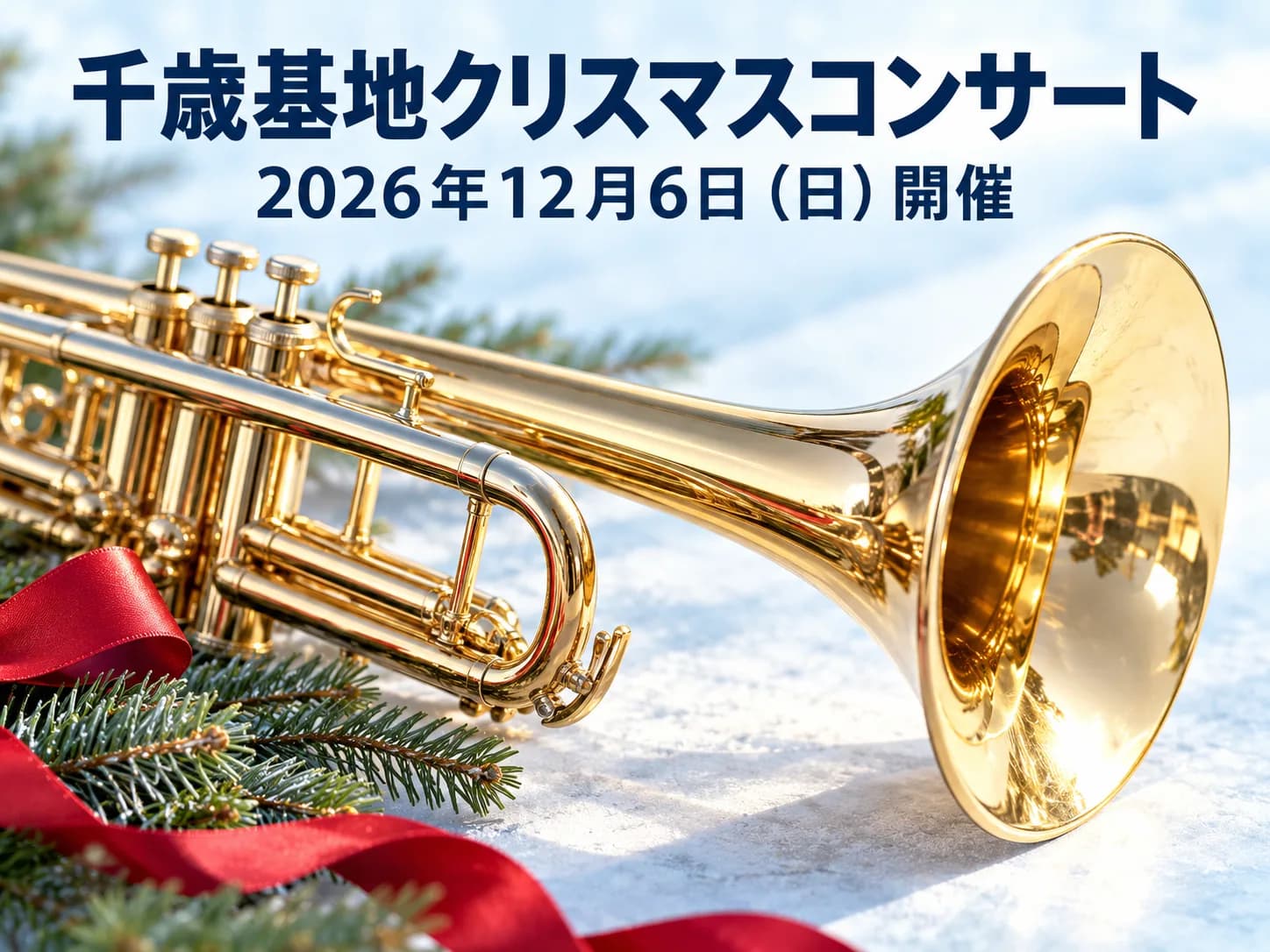雪とモミの枝、赤いリボンに置かれた金色のトランペット。千歳基地クリスマスコンサートが2026年12月6日に開かれることを伝えるイメージ画像