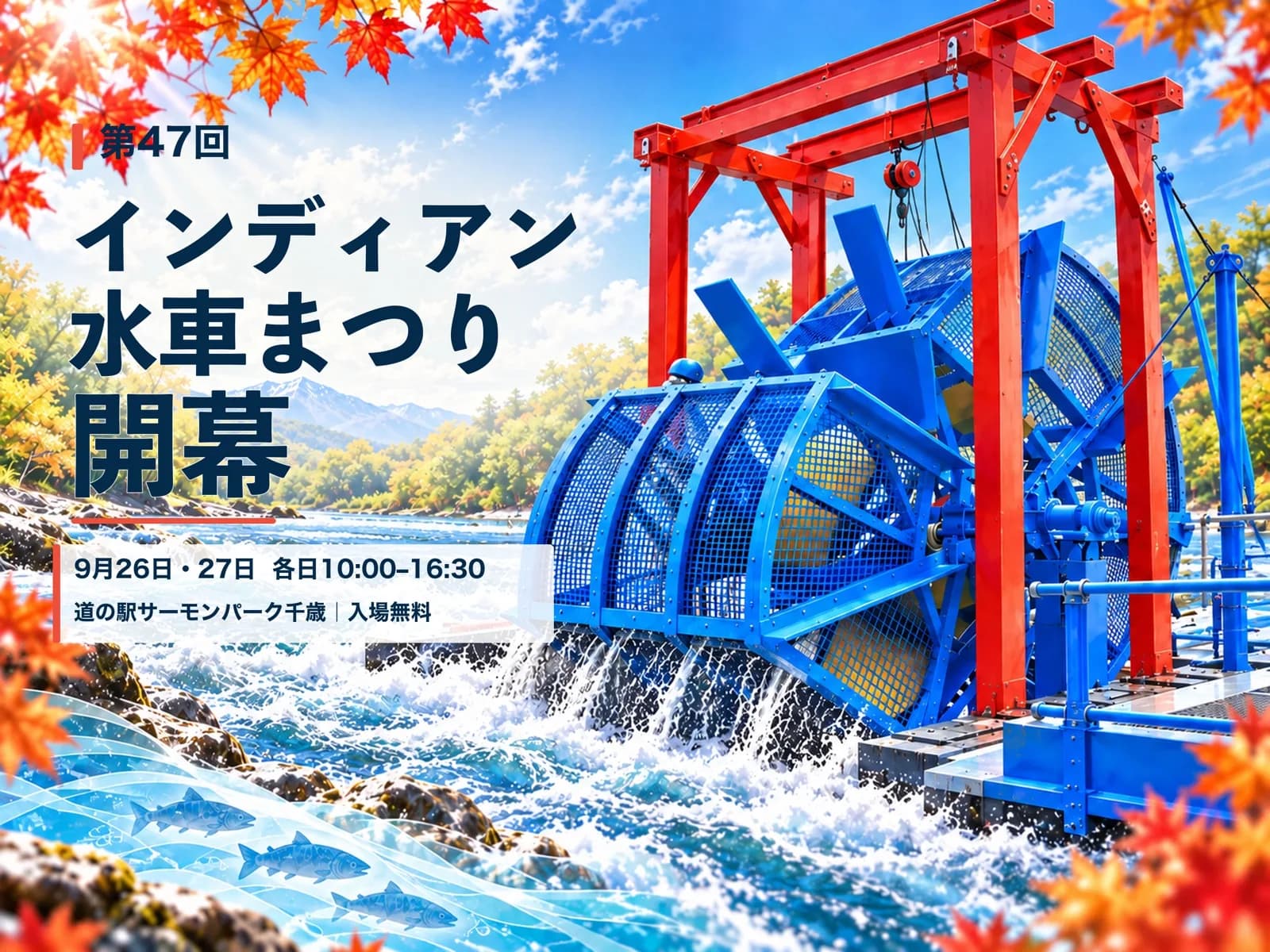 第47回インディアン水車まつり開幕のヒーロー画像。青いかご状水車と赤い支持枠、紅葉とサケに、日本語見出し「インディアン水車まつり 開幕」と開催日時のタイポを重ねたエディトリアルカバー