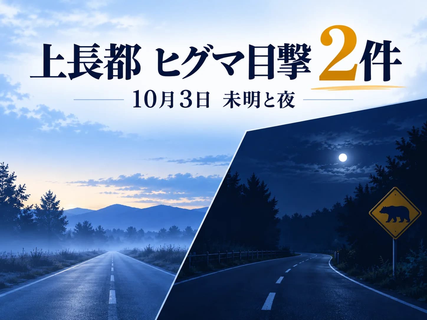 上長都で10月3日にヒグマ目撃2件(未明の交差点付近と夜の路上)、周辺への注意を伝える画像