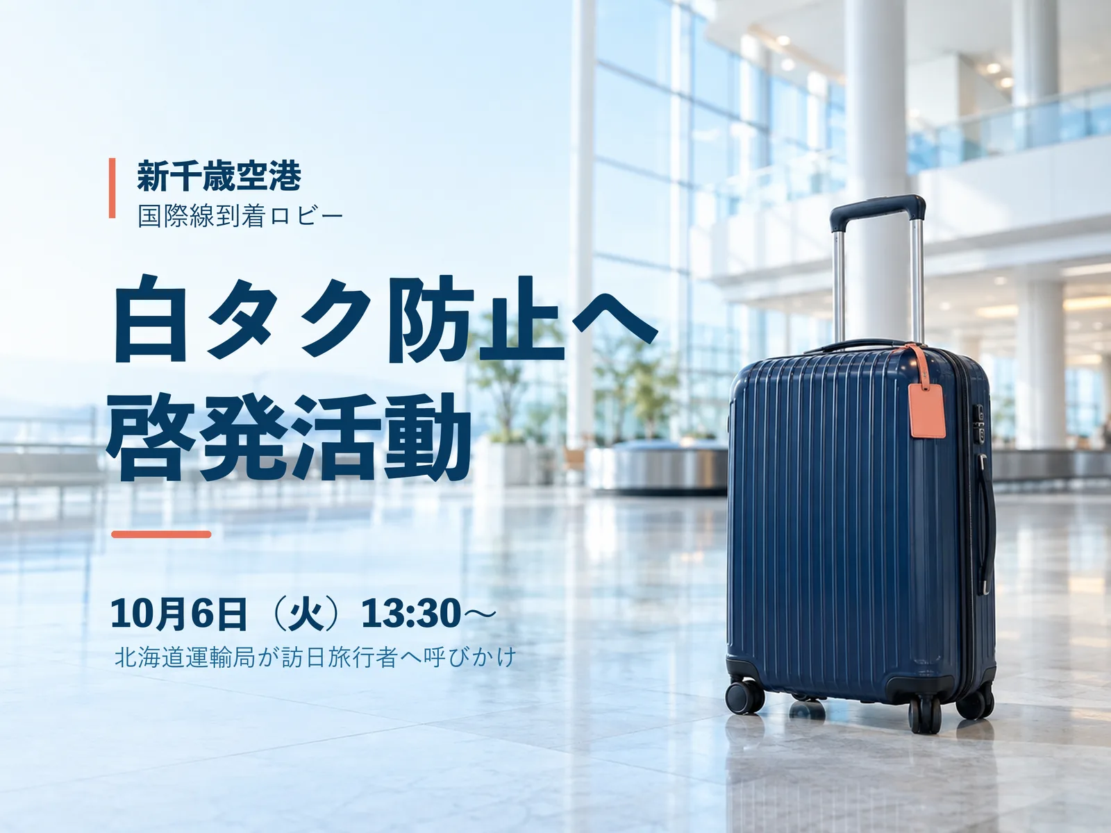 新千歳空港での白タク防止啓発を伝えるヒーロー画像。国際線到着ロビーでの注意喚起を象徴