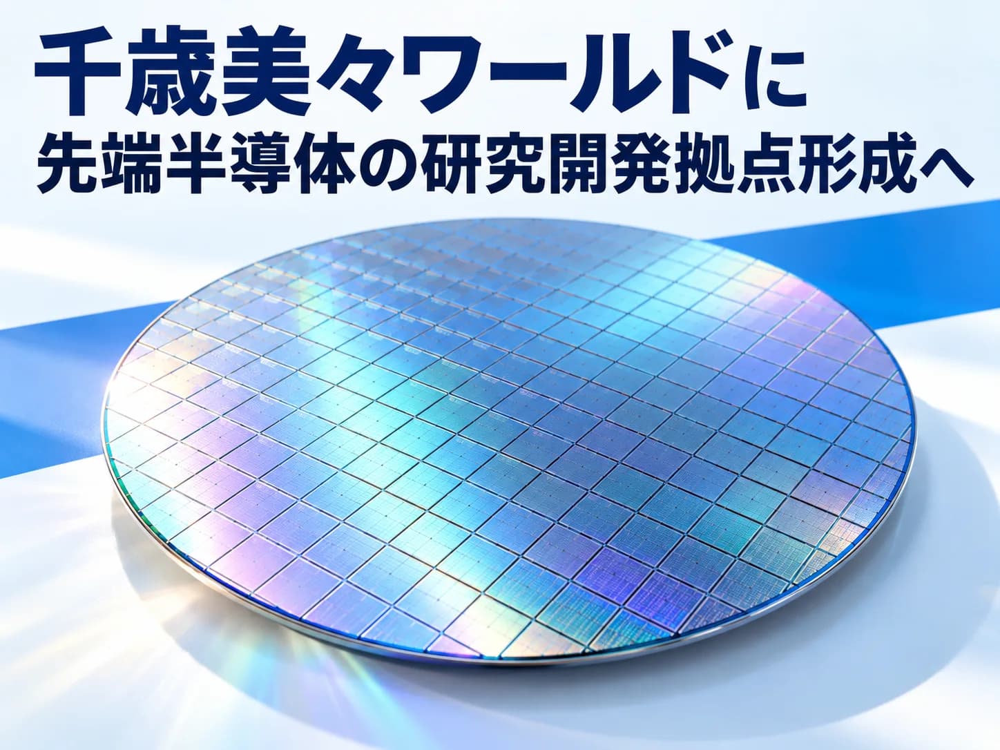 虹色に光る半導体ウェハーの写真に、千歳美々ワールドで先端半導体の研究開発拠点づくりが進むことを伝える見出しを重ねたカバー画像